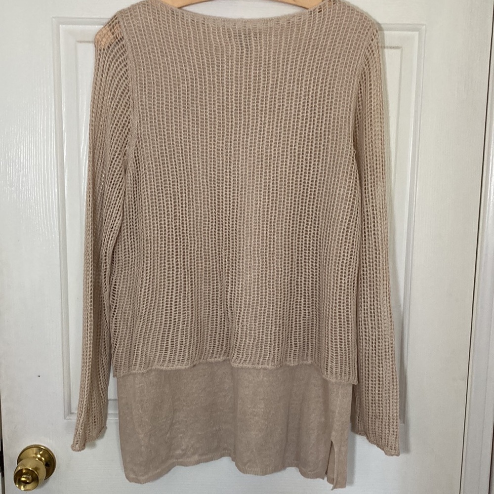 Eileen Fisher Sweater 2-layer Mesh Loose Knit Linen Overlay Pullover Tan M - Picture 6 of 9